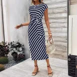 Elegant Striped Maxi Dress for Women Short Sleeve Round Neck Waist Tie Summer Fashion
