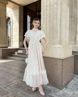 Elegant Vintage White Lace Panel Maxi Dress Lightweight Flowing Summer Style Perfect for Parties and Special Occasions