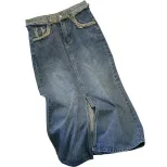 Slim Fit Denim Midi Skirt for Women Frayed Hem Split Design Casual Everyday Wear