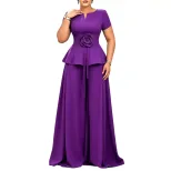 Plus Size Womens Casual Ruffle Sleeve Top and Wide Leg Pants Set in Purple Apricot Blue and Peacock Green for Summer