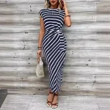 Elegant Striped Maxi Dress for Women Short Sleeve Round Neck Waist Tie Summer Fashion