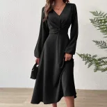 V Neck A Line Dress Elegant High Waist Design Fall Winter Fashion private label