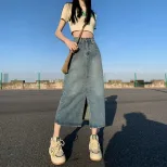 High Waist Slim Fit Midi Denim Skirt for Women Spring Summer Casual Style with Side Slit Available in Blue and Black Wholesale