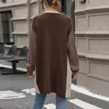 Womens Color Block Cardigan Sweater Long Sleeve Khaki Fall Fashion private label