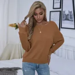 Loose Fit Long Sleeve Womens T Shirt Casual Sexy Backless Design Brown Waffle Fabric Spring Summer Wear