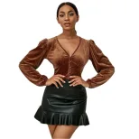 V Neck Fitted Short Sleeve Velvet T Shirt for Women Brown Color Casual Spring Summer Wear