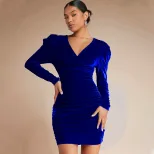 Velvet Mini Dress for Women V Neck Long Sleeve Bodycon Style Party Wear in Blue