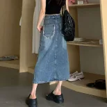 High Waist Irregular Denim Skirt for Women A Line Cut Frayed Hem Split Design Summer Casual Wear