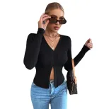 Womens Long Sleeve Cropped T Shirt Slim Fit Casual Style Black Cotton Blend