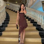 Brown Polka Dot Lace Trim Cami Dress for Women Casual Summer Style Available in S M L Wholesale Ready to Ship