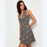 Leopard Print Halter Dress for Women Lace Trim V Neck Slim Fit A Line Mini Dress Summer Casual Wear