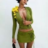 Womens Summer Outfit Set Deep V Neck Long Sleeve Top and Low Waist Mini Skirt Casual Fashion