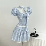 Womens Summer Plaid Puff Sleeve Shirt and A Line Skirt Set in Blue Casual Fashion