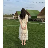 Lace Dress for Women Puff Sleeve High Waist A Line Design Elegant Short Sleeve for Summer