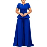 Plus Size Womens Casual Ruffle Sleeve Top and Wide Leg Pants Set in Purple Apricot Blue and Peacock Green for Summer