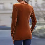Womens Long Sleeve T Shirt Irregular Split Hem Elegant Velvet Fabric Casual Autumn Winter Wear