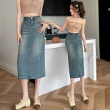 Womens High Waist A Line Denim Skirt Mid Length with Back Slit Casual Spring Autumn Wear