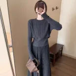 High Waist Pleated Knit Two Piece Set for Women Casual Chic Style Available in Gray White and Black Wholesale Ready