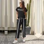 Womens Casual Two Piece Set Short Sleeve Striped Round Neck Comfortable Fabric Available in Blue Gray Black Wholesale