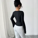 Black Square Neck Long Sleeve T Shirt for Women with Pearl Detail and Flare Sleeves Slim Fit for Casual Wear Wholesale