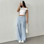 Wide Leg Striped Trousers for Women Casual Summer Style Lightweight Fabric Available in Blue Wholesale Options