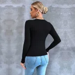 Womens Long Sleeve Cropped T Shirt Slim Fit Casual Style Black Cotton Blend