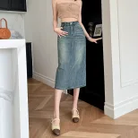 Womens High Waist A Line Denim Skirt Mid Length with Back Slit Casual Spring Autumn Wear