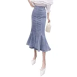 High Waist Fishtail Skirt Ruffle Design Stretch Denim Available in Blue and Black Wholesale Ready to Ship