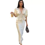 Lace Satin Two Piece Set V Neck Top and Midi Skirt Elegant Summer Outfit low MOQ