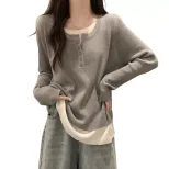 Gray Knit Two Piece Style Top for Women Loose Fit Long Sleeve Layering Shirt Fall Winter Collection