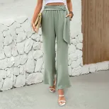 Womens Green Wide Leg Pants with Belt Summer Casual Style Lightweight Fabric ready to ship