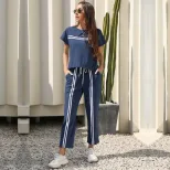 Womens Casual Two Piece Set Short Sleeve Striped Round Neck Comfortable Fabric Available in Blue Gray Black Wholesale