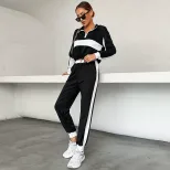 Womens Casual Two Piece Set Color Block Design Stand Collar Long Sleeve Comfortable Fabric