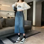 High Waist A Line Denim Skirt for Women Mid Length Gray Casual Style Spring Collection