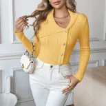 Slim Fit V Neck Womens Sweater with Pearl Decoration in Yellow for Spring and Autumn Wholesale Low MOQ