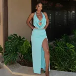 Womens Summer Two Piece Set Sexy Hollow Out Halter Neck Top and Side Slit Skirt Casual Fashion