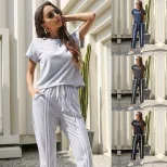 Womens Casual Two Piece Set Short Sleeve Striped Round Neck Comfortable Fabric Available in Blue Gray Black Wholesale