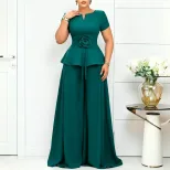 Plus Size Womens Casual Ruffle Sleeve Top and Wide Leg Pants Set in Purple Apricot Blue and Peacock Green for Summer