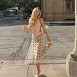 Womens Bodycon Midi Skirt Polka Dot Pattern Casual Summer Wear Available in Apricot Wholesale Sizes S M L