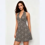Leopard Print Halter Dress for Women Lace Trim V Neck Slim Fit A Line Mini Dress Summer Casual Wear