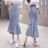 High Waist Fishtail Skirt Ruffle Design Stretch Denim Available in Blue and Black Wholesale Ready to Ship