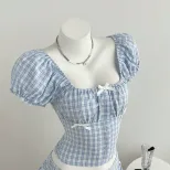 Womens Summer Plaid Puff Sleeve Shirt and A Line Skirt Set in Blue Casual Fashion