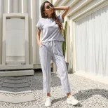 Womens Casual Two Piece Set Short Sleeve Striped Round Neck Comfortable Fabric Available in Blue Gray Black Wholesale