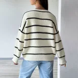 Womens Loose Fit V Neck Striped Knit Cardigan Sweater Long Sleeve White Spring Summer Wholesale fast shipping