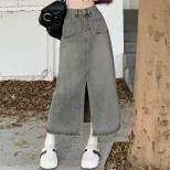 High Waist Split Hem Denim Midi Skirt for Women Fashionable Versatile Design Spring Autumn Wear