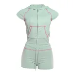 Womens Summer Casual Outfit Set Zipper Hoodie Short Sleeve Top with Drawstring Shorts Available in Green Gray Blue Wholesale