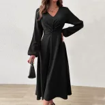 V Neck A Line Dress Elegant High Waist Design Fall Winter Fashion private label