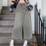 High Waist Split Hem Denim Midi Skirt for Women Fashionable Versatile Design Spring Autumn Wear