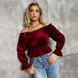 Womens Long Sleeve T Shirt Off Shoulder Ruffle Design Velvet Fabric Elegant Style