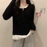 Gray Knit Two Piece Style Top for Women Loose Fit Long Sleeve Layering Shirt Fall Winter Collection
